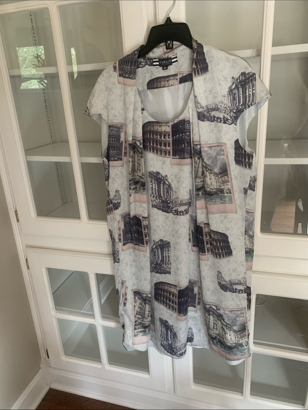 TRELISE COOPER White and Dusty Pink Architectural Print Scoop Neck Tunic Dress